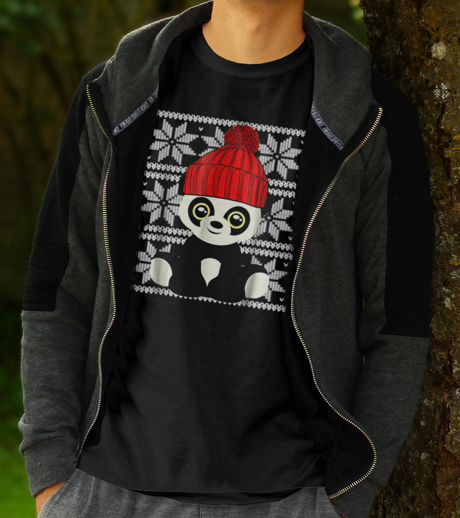 Ugly Sweater Christmas Panda Bear With Red Knit Hat T-Shirt