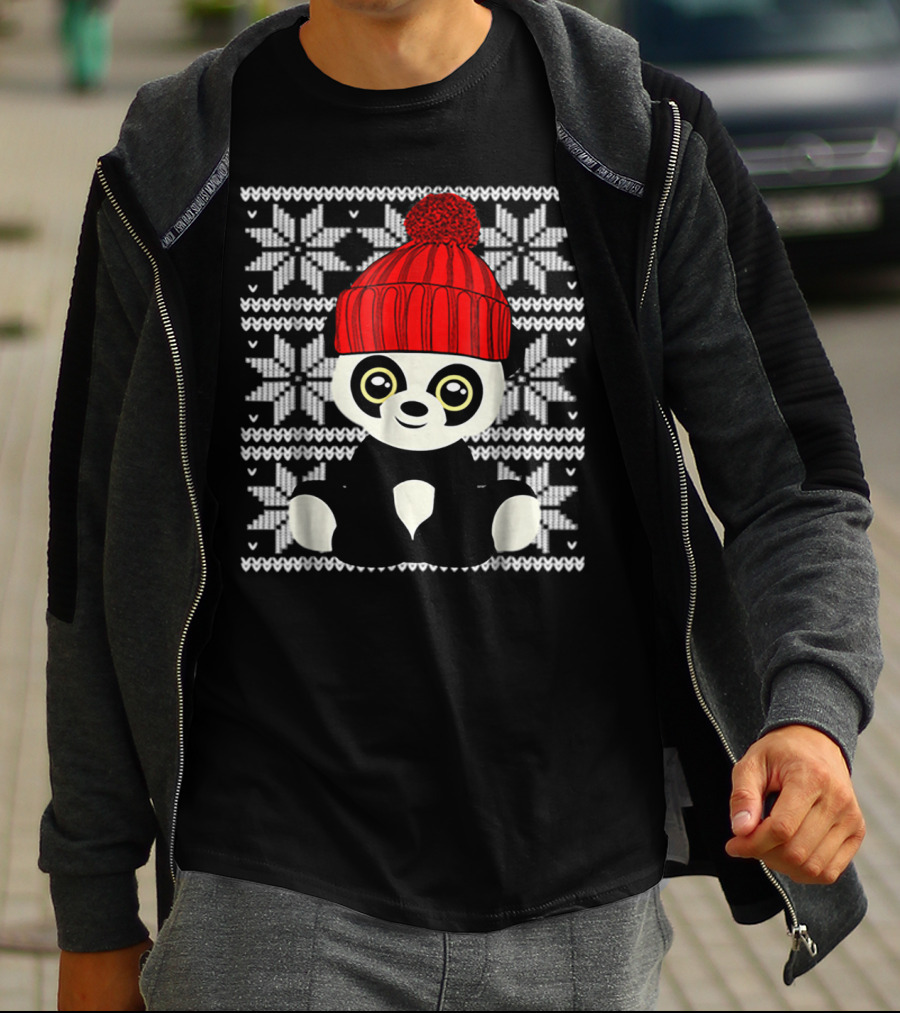 Ugly Sweater Christmas Panda Bear With Red Knit Hat T-Shirt