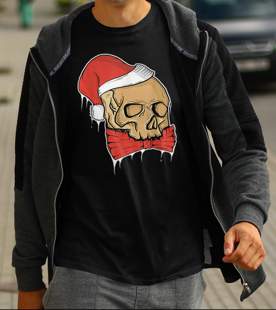 Vintage Skull Christmas Santa Hat Bow T-Shirt