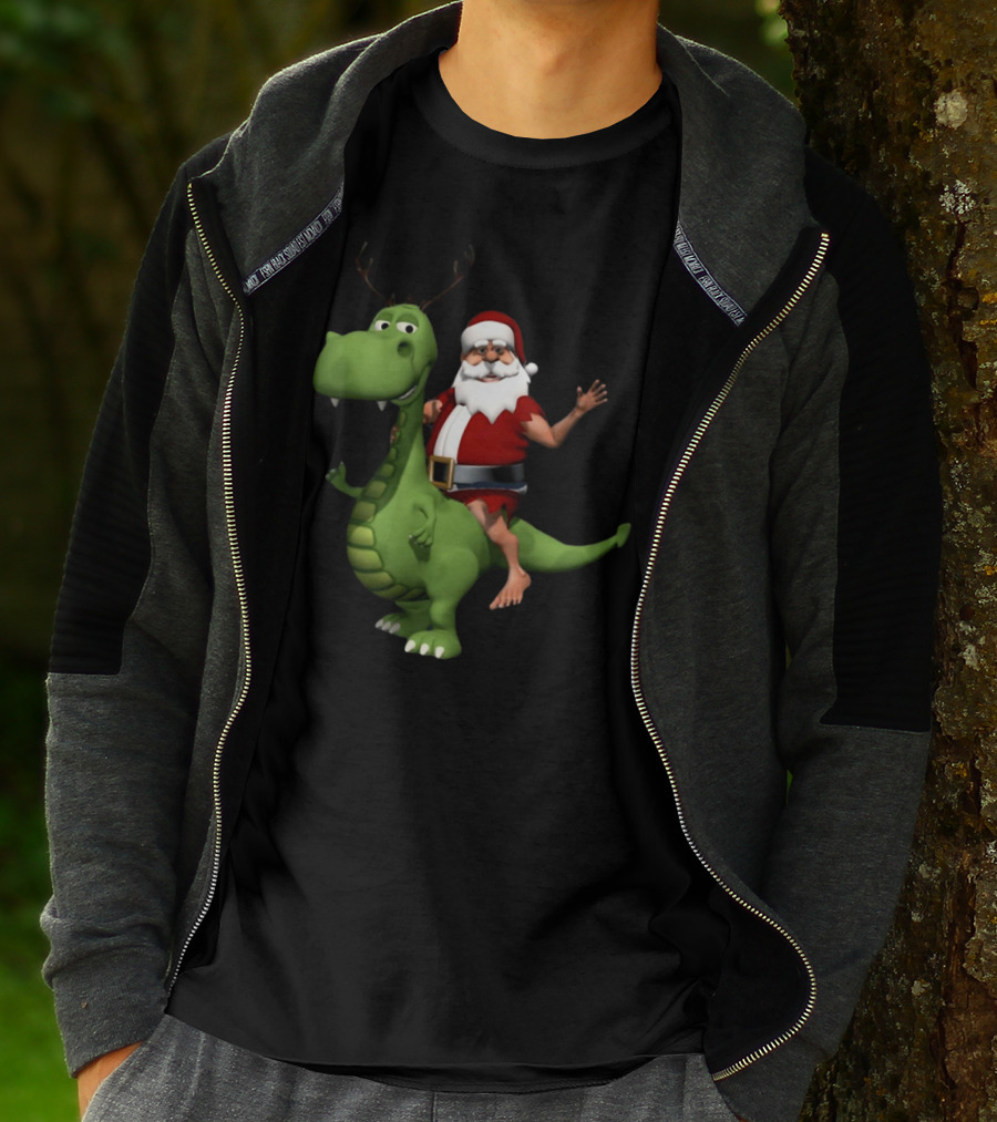 Santa Riding Rex Dinosaur Reindeer Christmas Holiday Fun T-Shirt