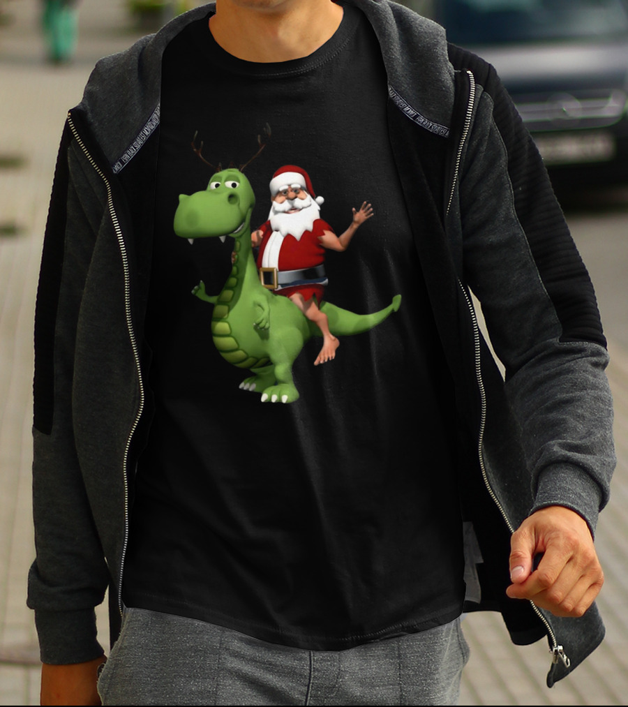 Santa Riding Rex Dinosaur Reindeer Christmas Holiday Fun T-Shirt