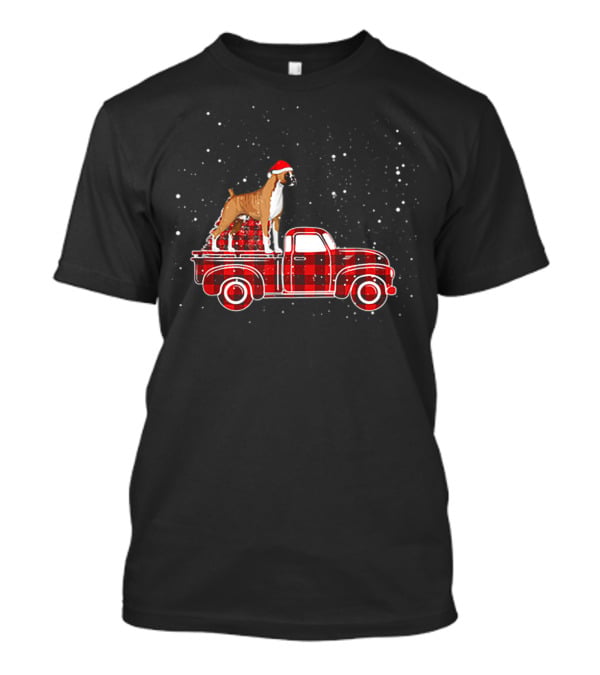 Boxer Buffalo Plaid Truck Xmas Santa Hat Snow T-Shirt