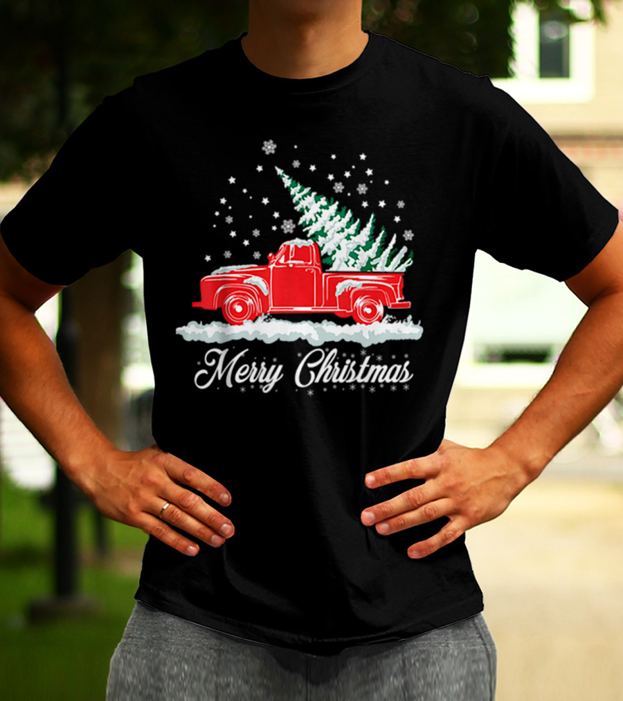 Merry Christmas Classic Old Red Truck With XMAS Tree Snowflakes T-Shirt