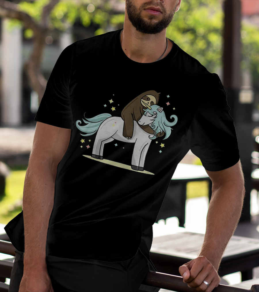 Sloth Hugging Magical Unicorn Surrounded By Sparkling Stars T-Shirt