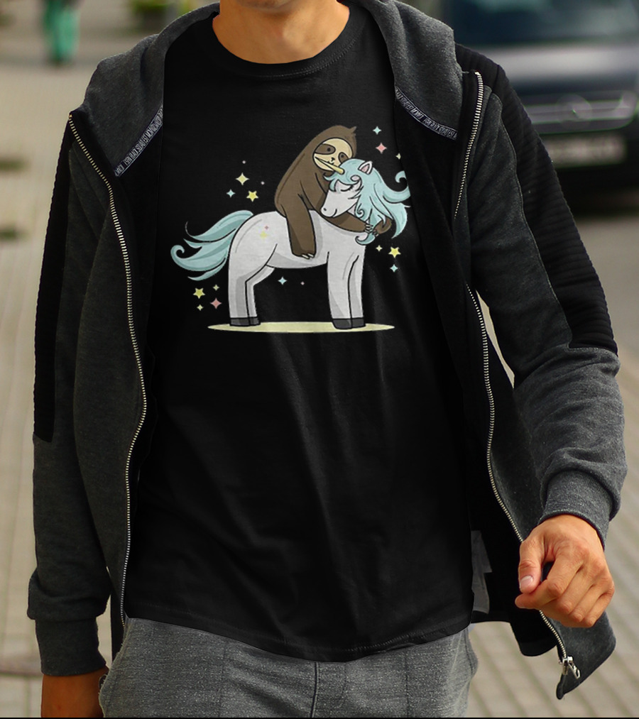 Sloth Hugging Magical Unicorn Surrounded By Sparkling Stars T-Shirt