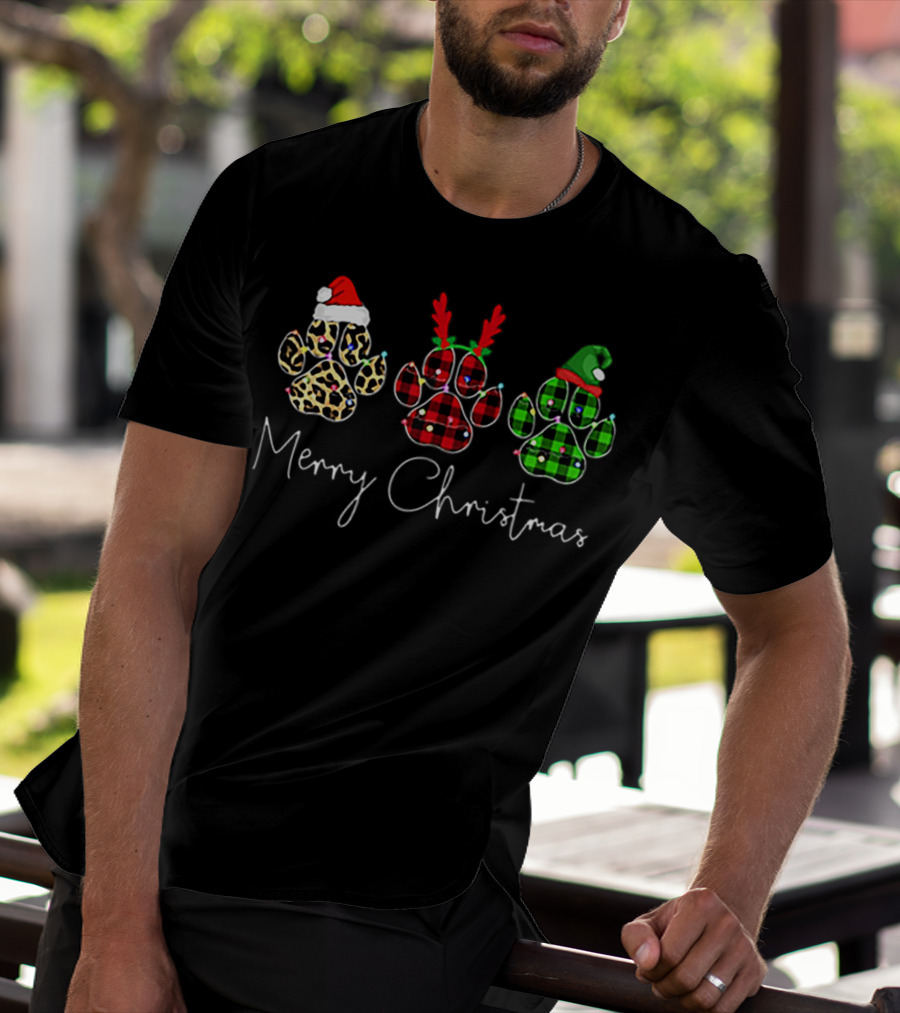 Merry Christmas Bear Paw Leopard Santa Antlers Plaid T-Shirt