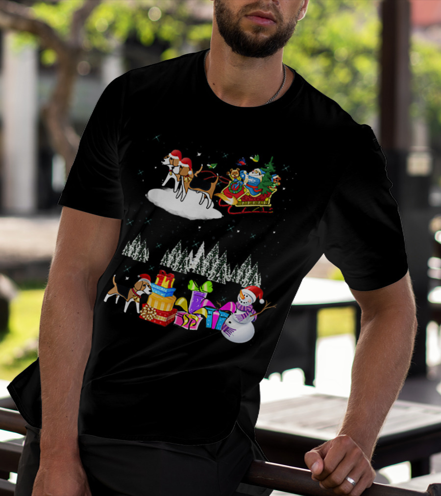 Beagle Reindeer Christmas Santa Sleigh Snowman Presents Trees Moon T-Shirt