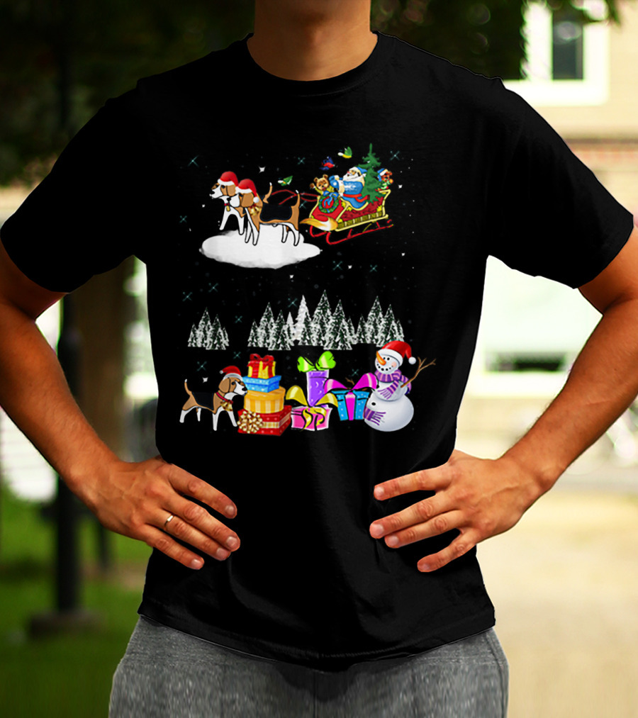 Beagle Reindeer Christmas Santa Sleigh Snowman Presents Trees Moon T-Shirt