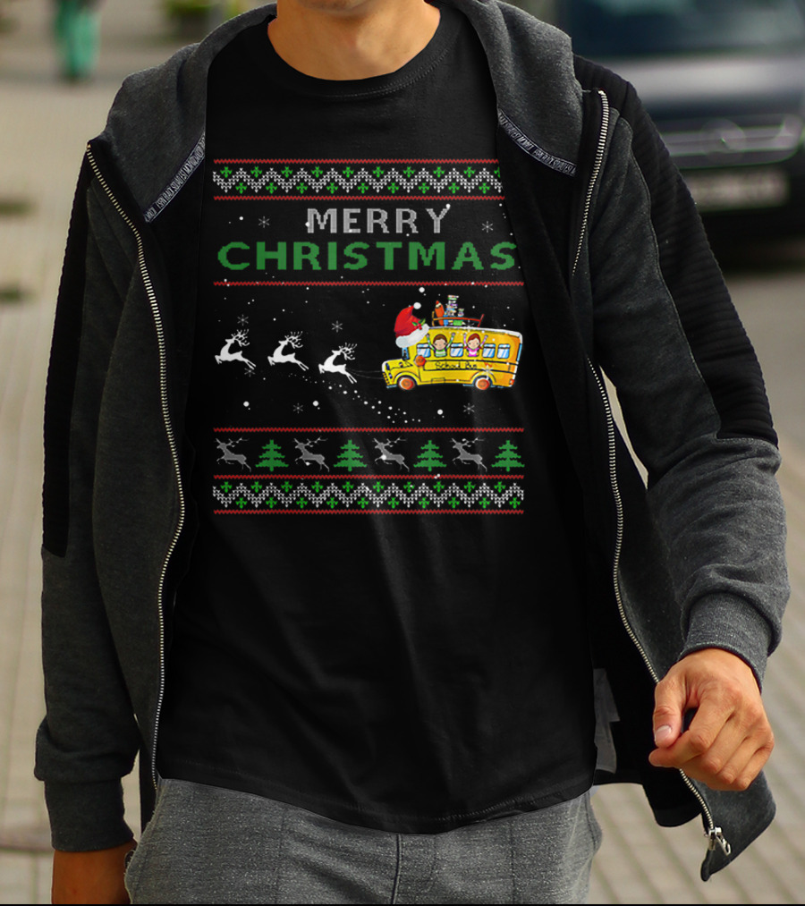 Merry Christmas School Bus Driver Santa And Reindeer Holiday T-Shirt