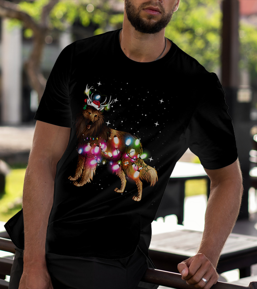 Belgian Tervuren In Santa Hat With Holiday Christmas Lights And Snowflakes T-Shirt