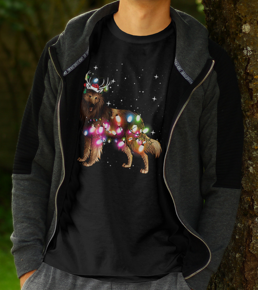 Belgian Tervuren In Santa Hat With Holiday Christmas Lights And Snowflakes T-Shirt