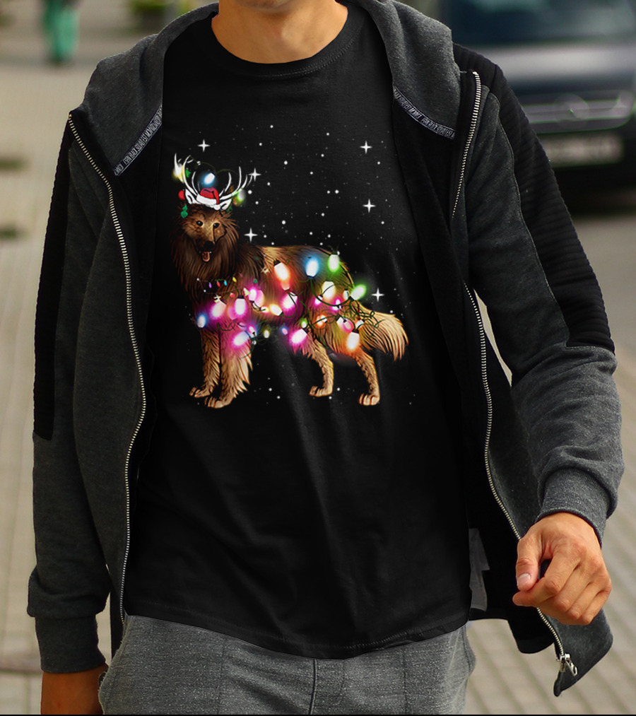 Belgian Tervuren In Santa Hat With Holiday Christmas Lights And Snowflakes T-Shirt