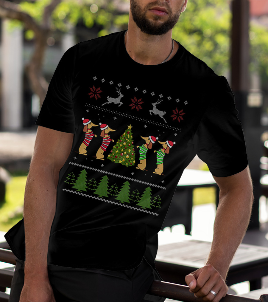 Dachshund Ugly Christmas Sweater Tree Reindeer T-Shirt