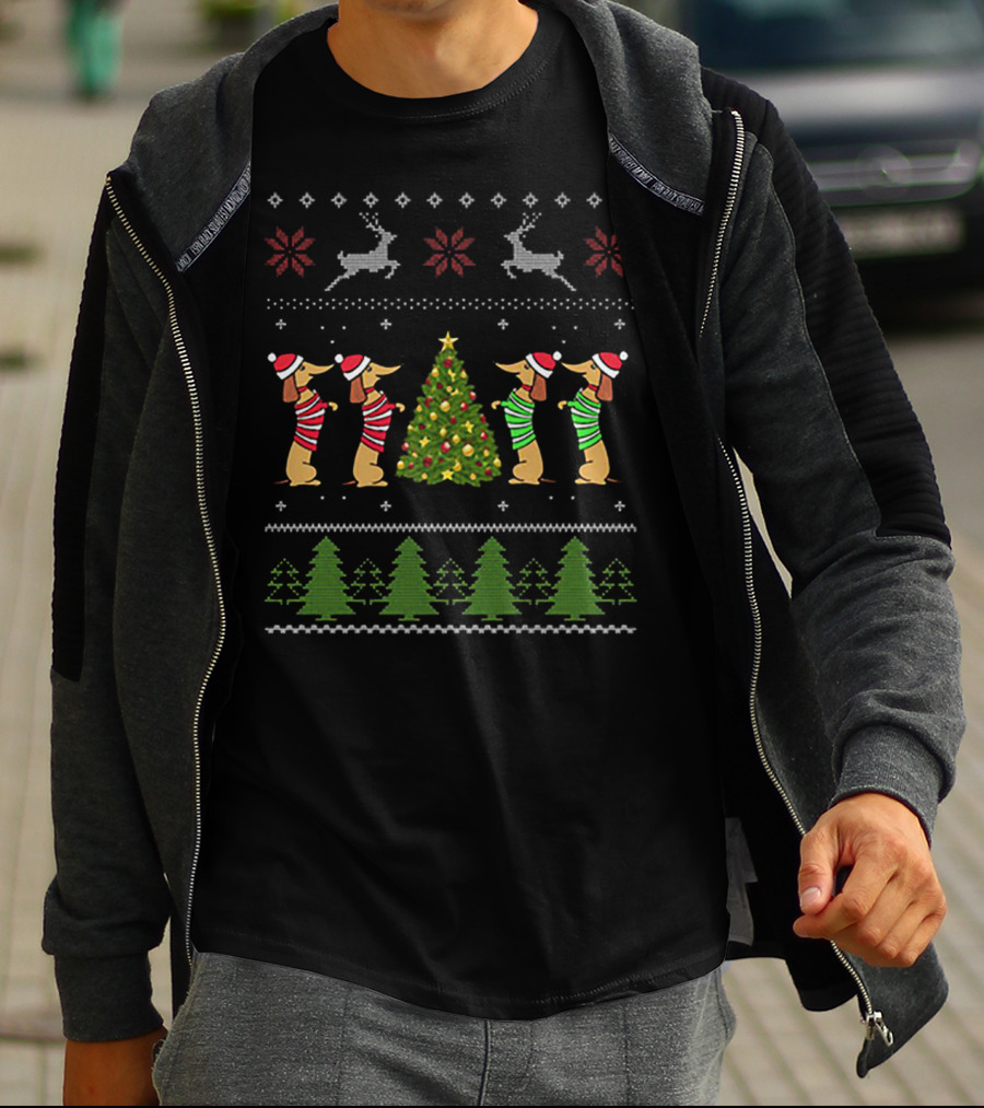 Dachshund Ugly Christmas Sweater Tree Reindeer T-Shirt