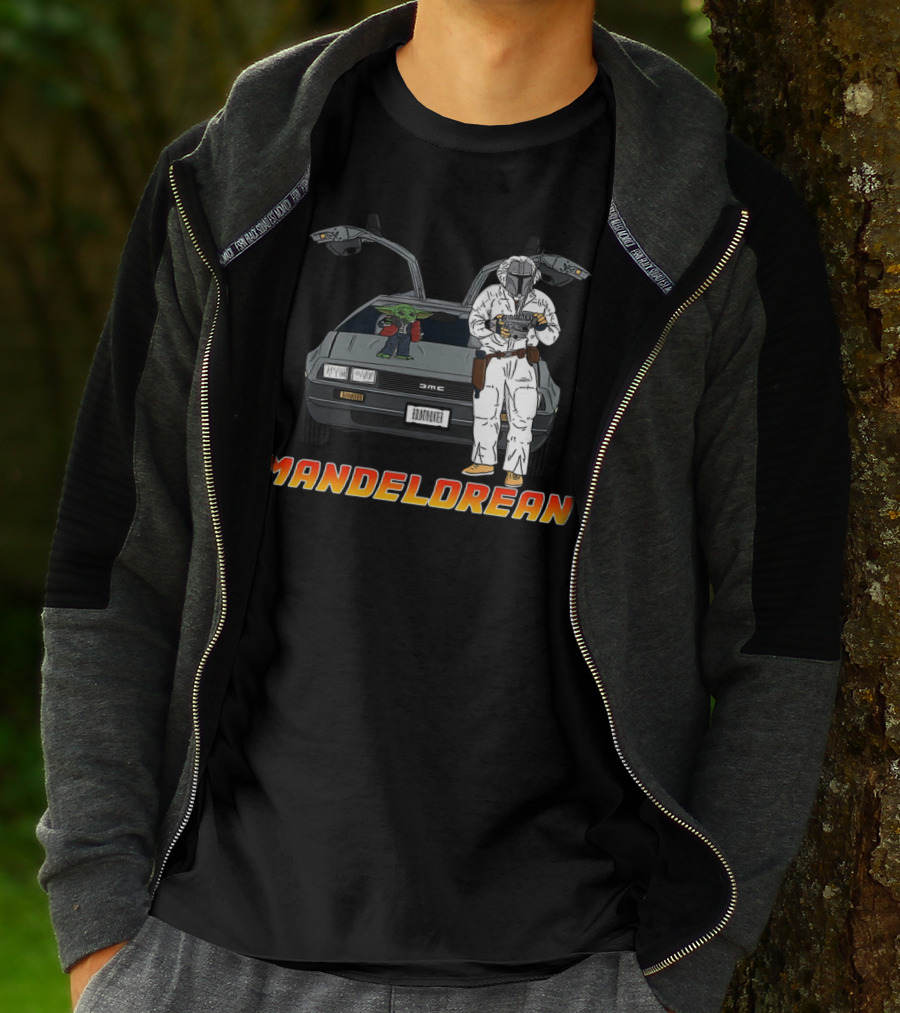 Mandelorean Baby Yoda And Boba Fett With DeLorean Car T-Shirt