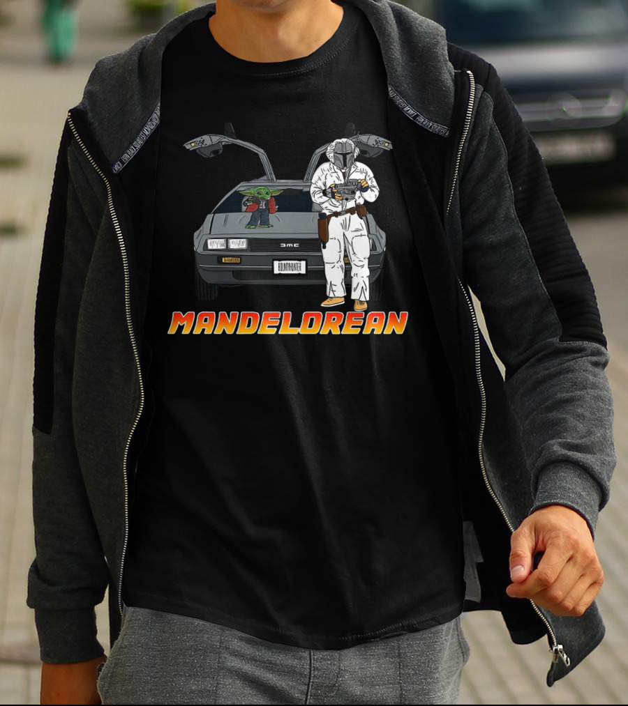 Mandelorean Baby Yoda And Boba Fett With DeLorean Car T-Shirt
