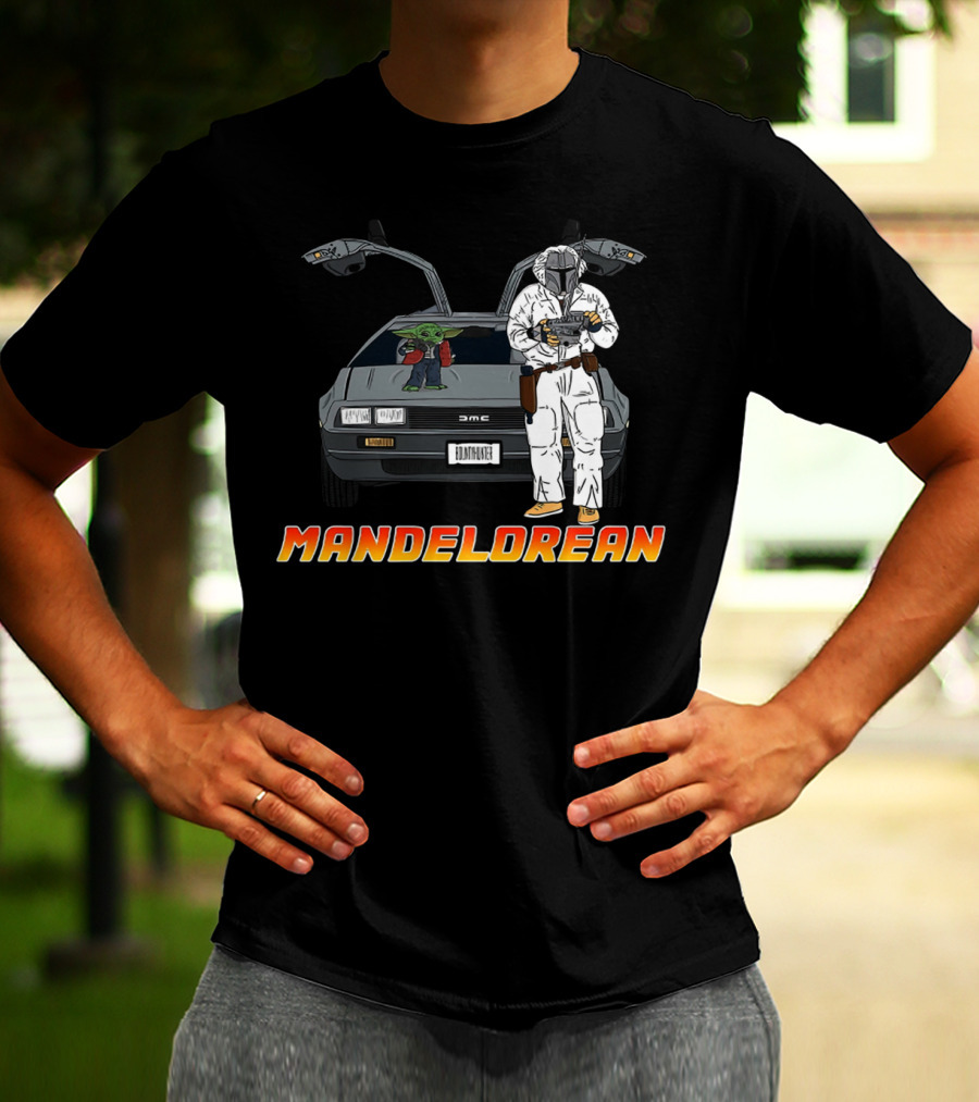 Mandelorean Baby Yoda And Boba Fett With DeLorean Car T-Shirt