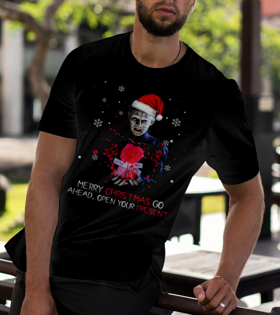 Merry Christmas Go Ahead Open Your Present Pinhead Santa Hat Snowflakes T-Shirt