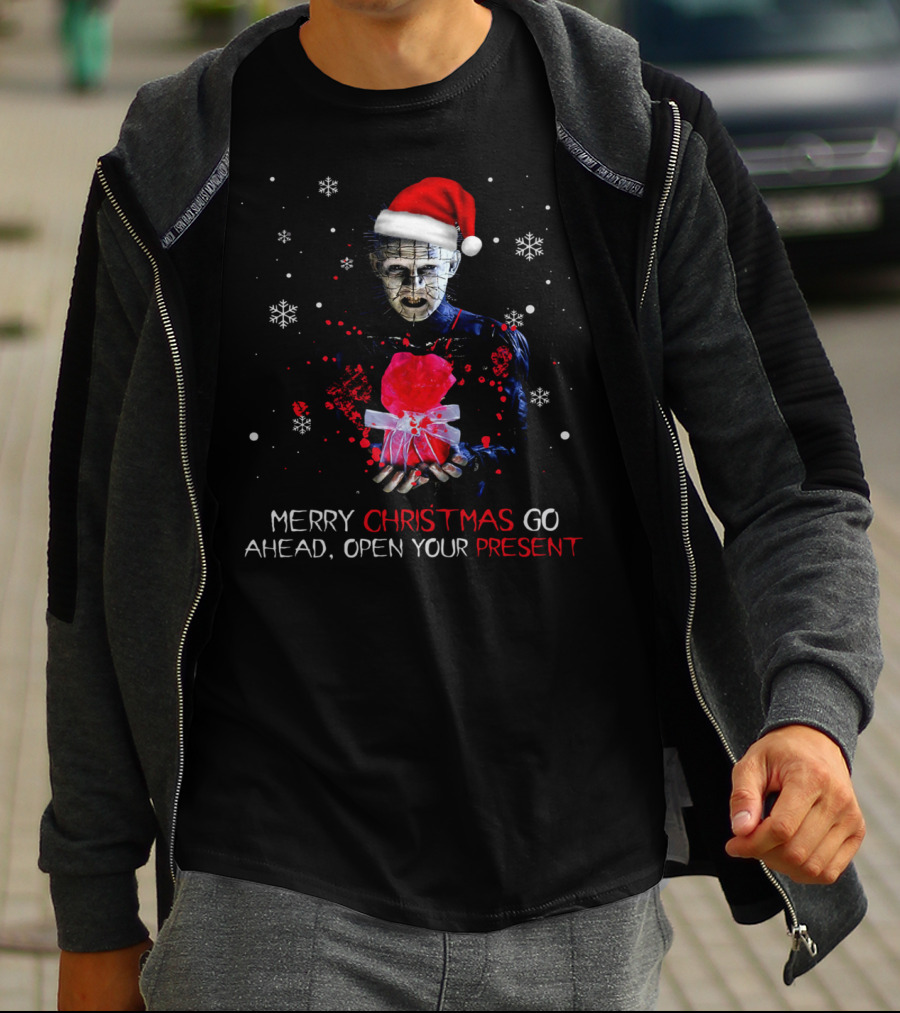 Merry Christmas Go Ahead Open Your Present Pinhead Santa Hat Snowflakes T-Shirt