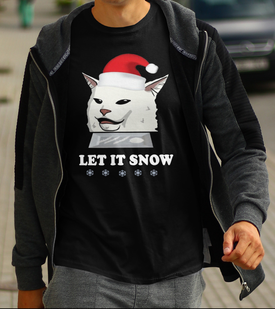 Let It Snow Cat In Santa Hat With Snowflakes T-Shirt