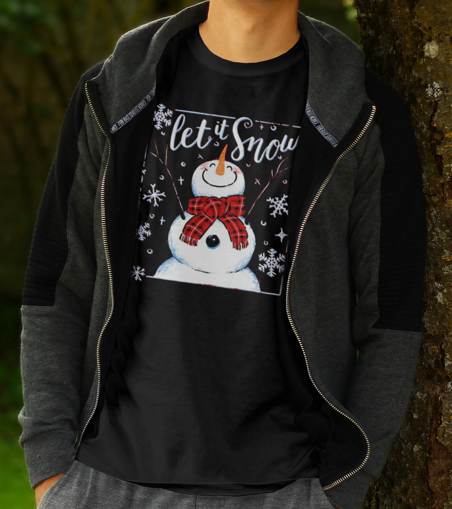 Let It Snow Santa Snowman With Scarf And Snowflakes T-Shirt