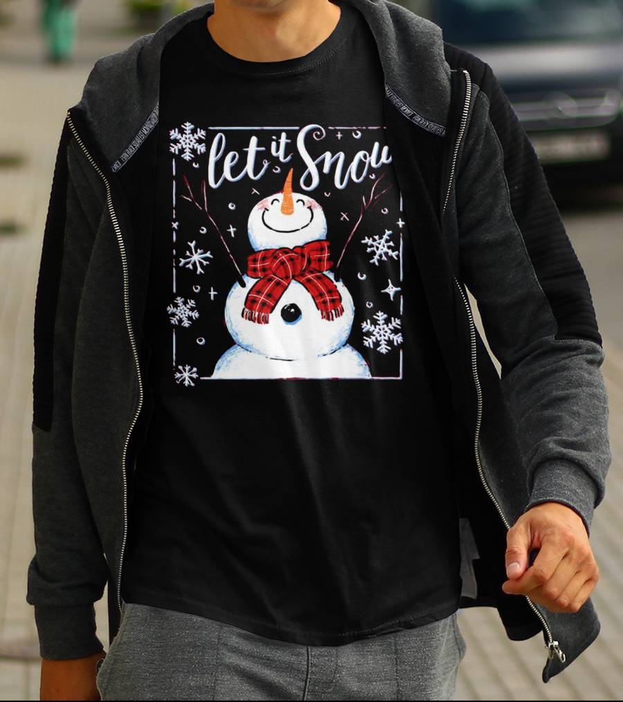 Let It Snow Santa Snowman With Scarf And Snowflakes T-Shirt