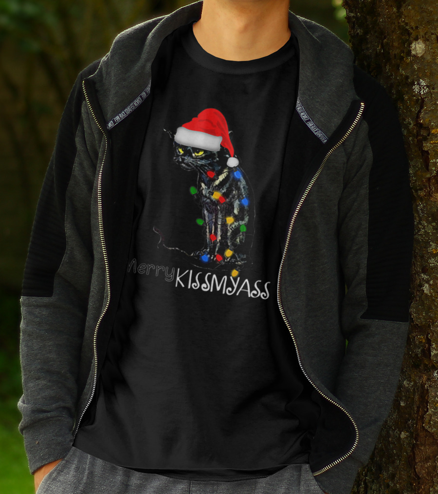 Merry Kissmyass Black Cat Santa Hat Christmas Lights T-Shirt