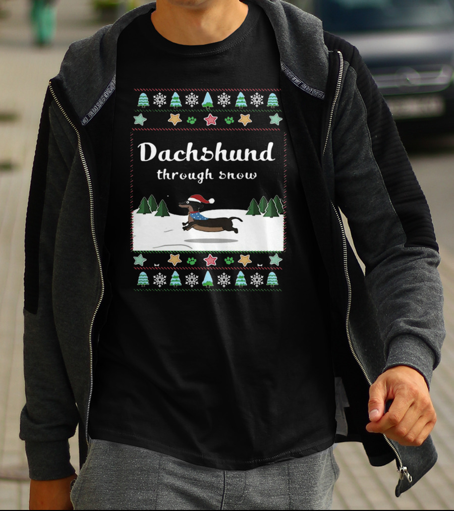 Dachshund Through Snow Christmas Sweater Style With Trees And Stars T-Shirt