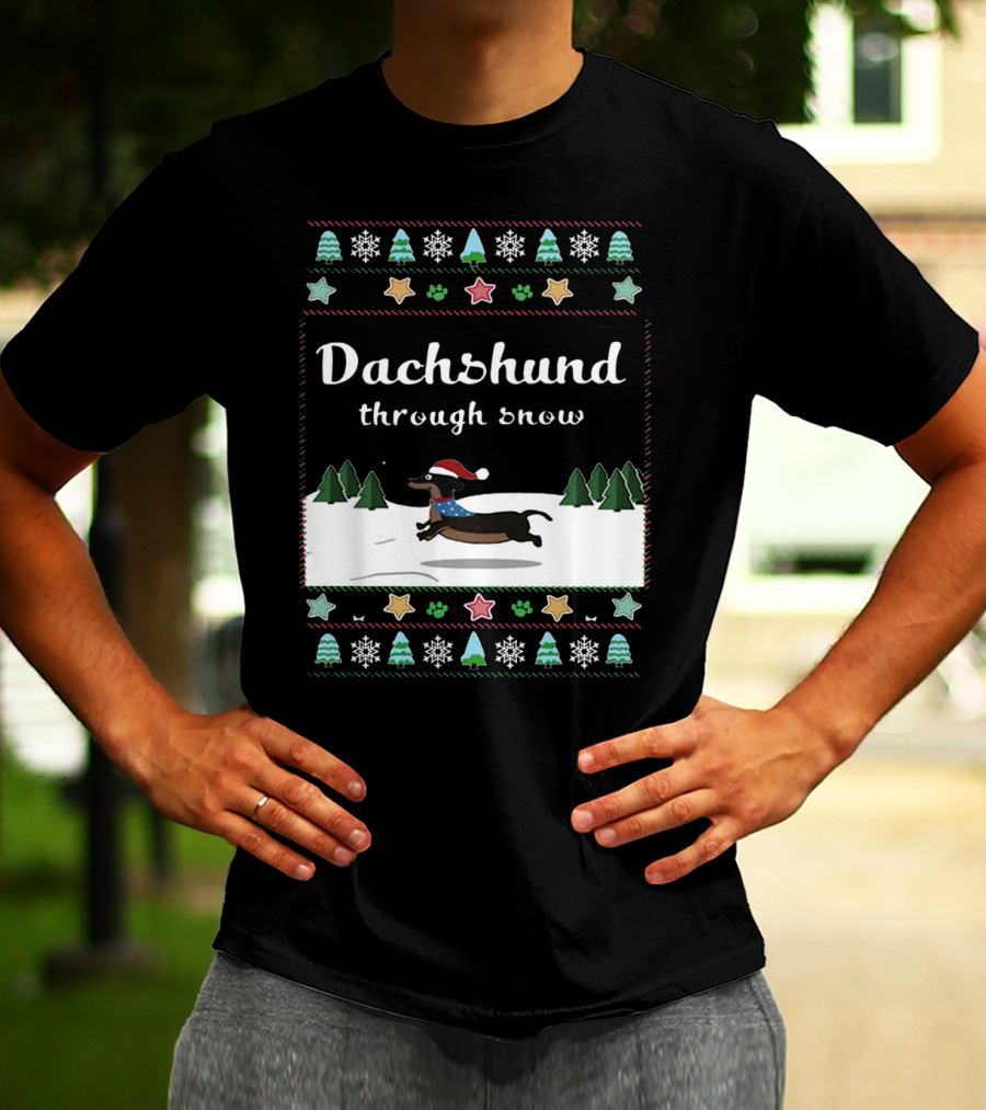 Dachshund Through Snow Christmas Sweater Style With Trees And Stars T-Shirt