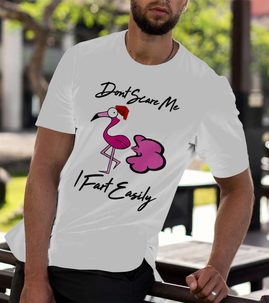 Dont Scare Me I Fart Easily Flamingo With Santa Hat T-Shirt