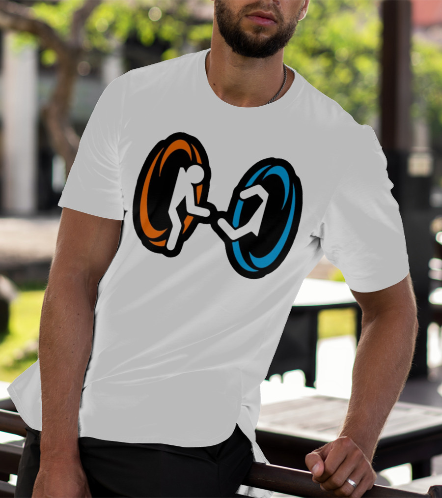 Orange And Blue Portal Stick Figure Couple T-Shirt