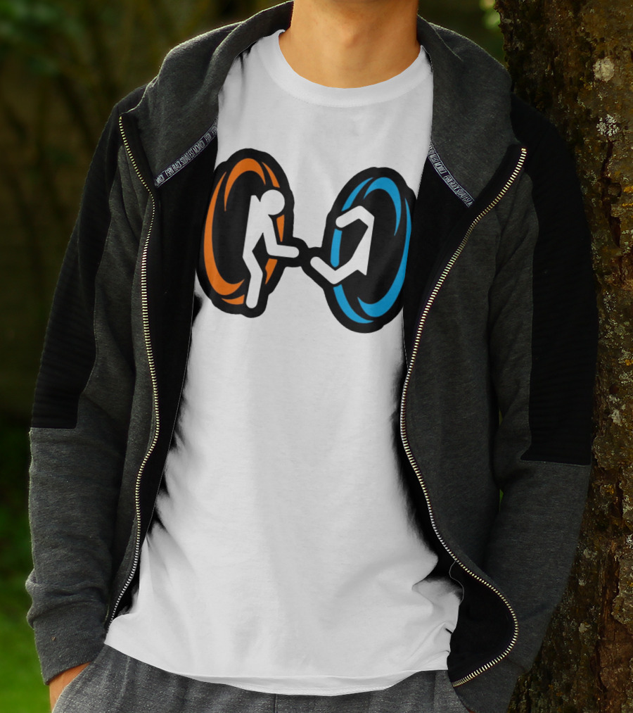 Orange And Blue Portal Stick Figure Couple T-Shirt