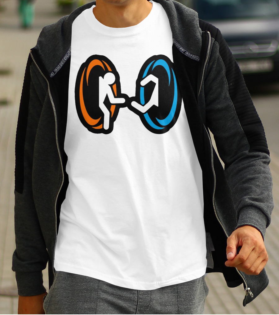 Orange And Blue Portal Stick Figure Couple T-Shirt