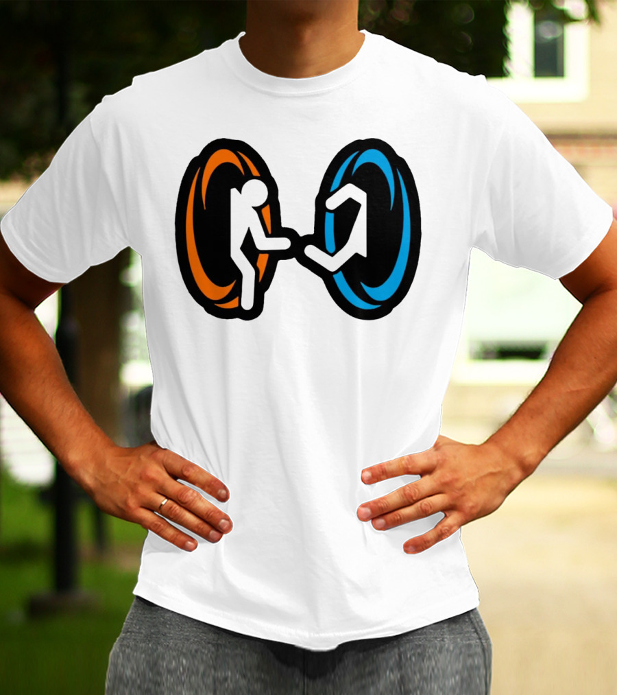 Orange And Blue Portal Stick Figure Couple T-Shirt