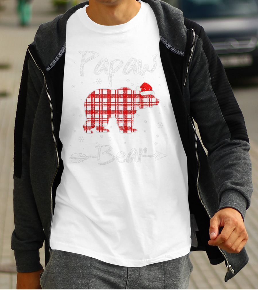 Papaw Bear Red Plaid Santa Hat Winter Holiday Plaid Bear T-Shirt