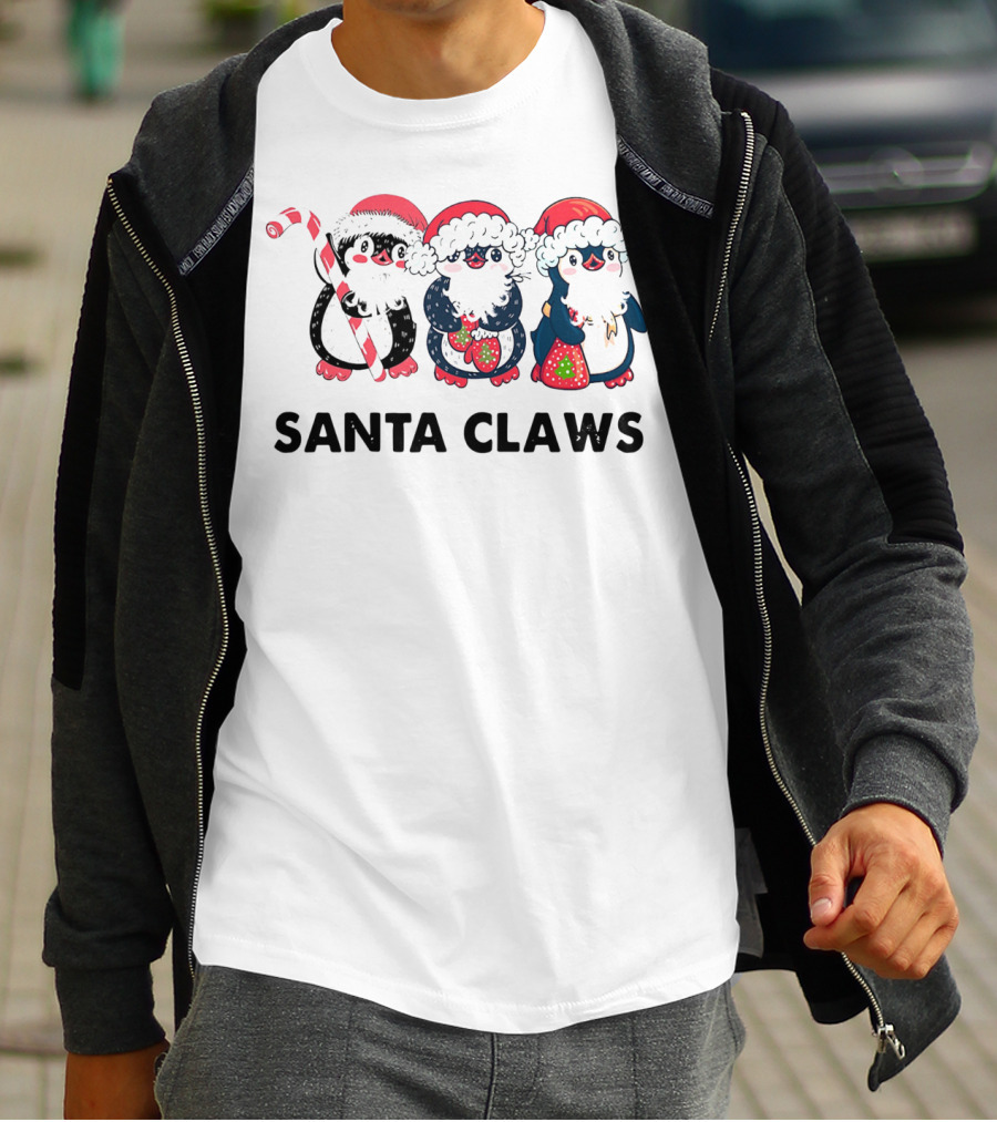 Santa Claws Penguins Holiday Trio With Santa Hats And Candy Cane T-Shirt