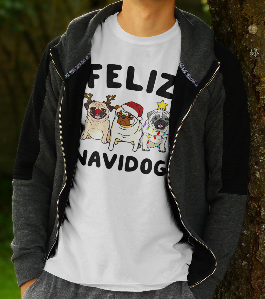 Feliz Navidog Pugs Christmas Reindeer Santa Lights T-Shirt