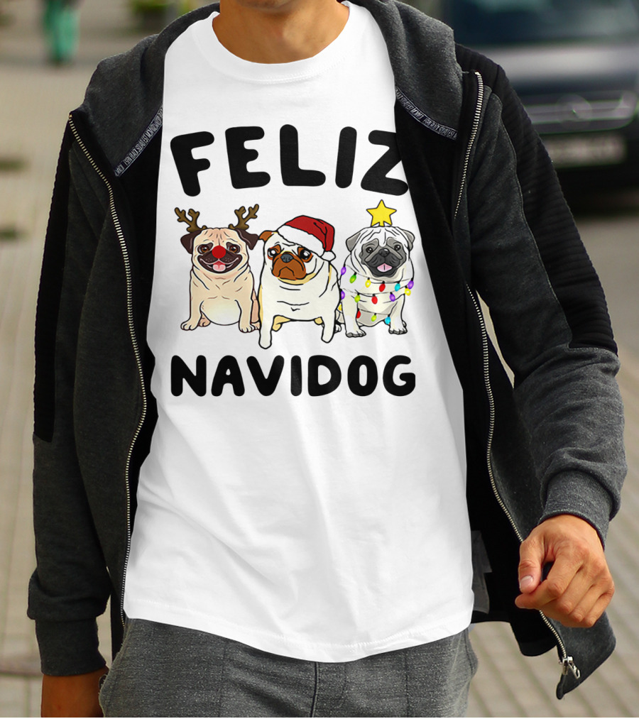 Feliz Navidog Pugs Christmas Reindeer Santa Lights T-Shirt