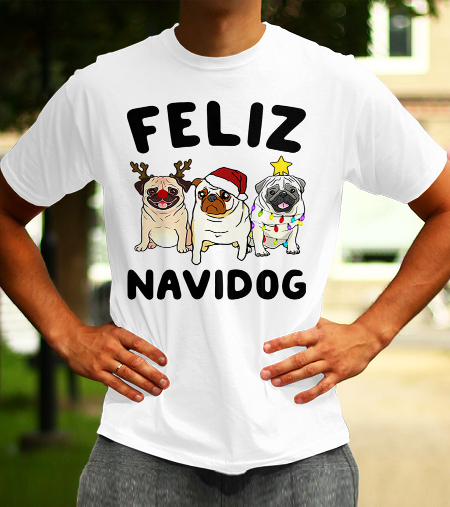 Feliz Navidog Pugs Christmas Reindeer Santa Lights T-Shirt