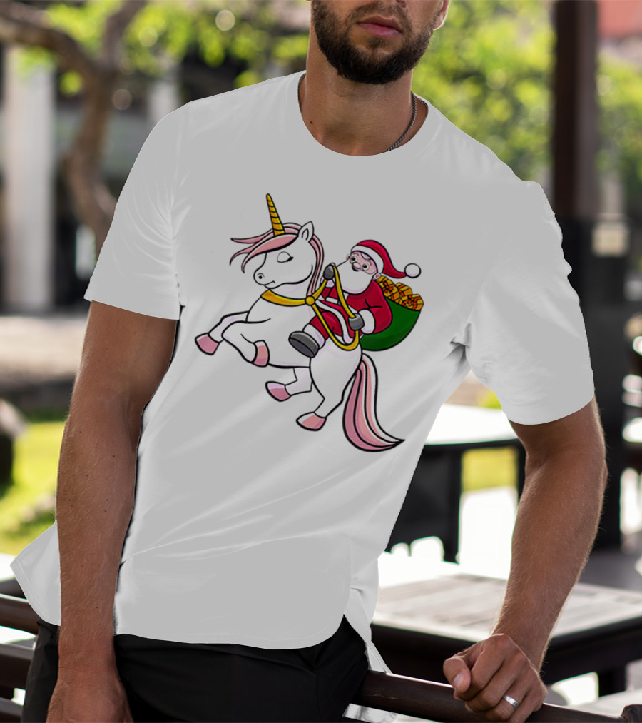 Santa Riding Unicorn With Sack Of Gifts For Cute Girls T-Shirt