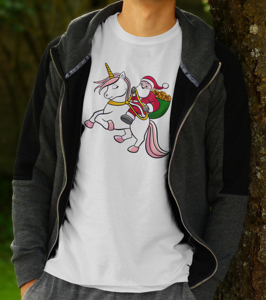 Santa Riding Unicorn With Sack Of Gifts For Cute Girls T-Shirt