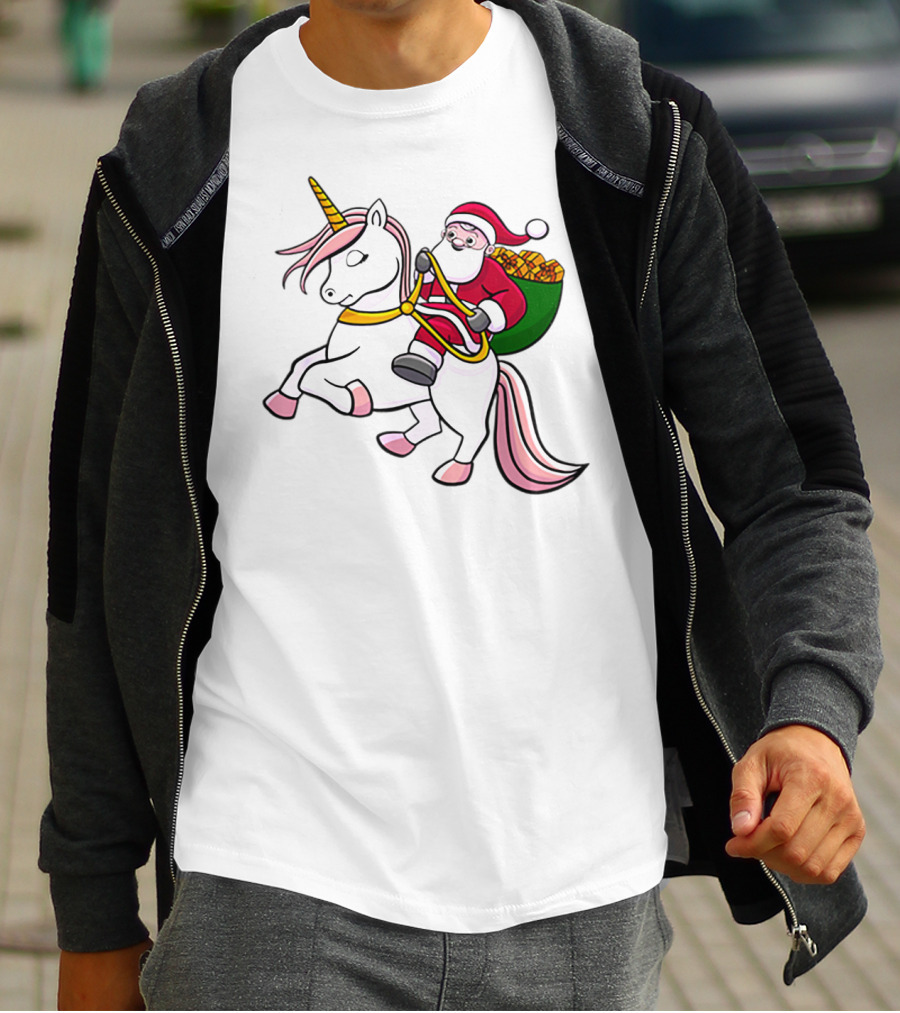 Santa Riding Unicorn With Sack Of Gifts For Cute Girls T-Shirt