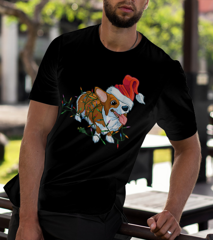 Corgi Christmas Lights Santa Hat T-Shirt