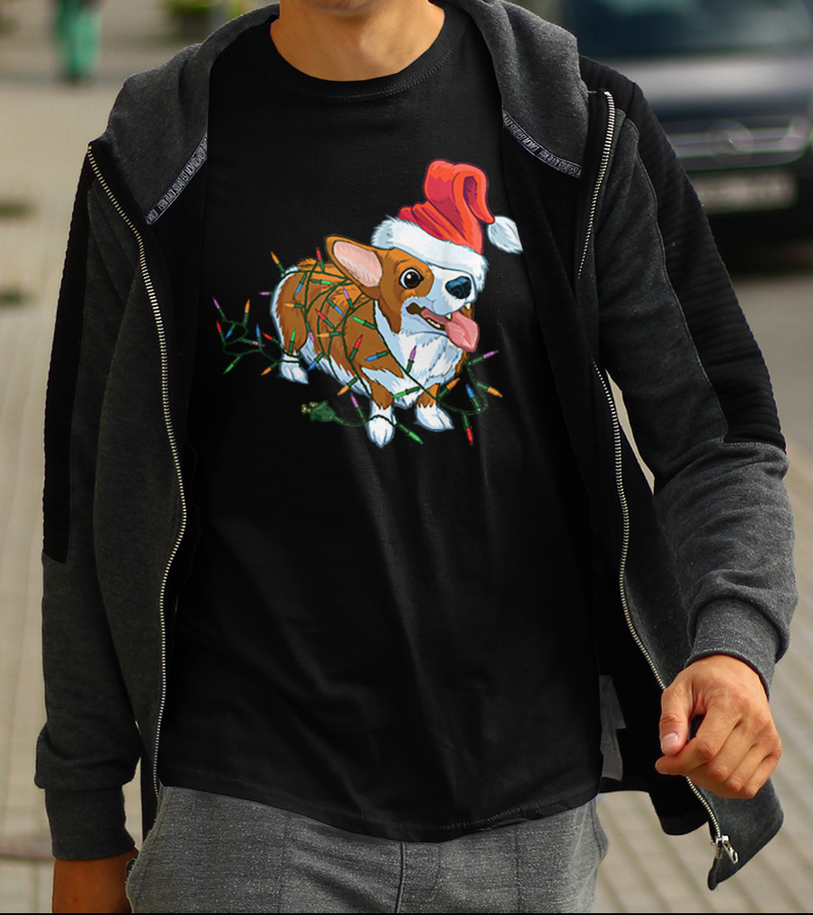 Corgi Christmas Lights Santa Hat T-Shirt