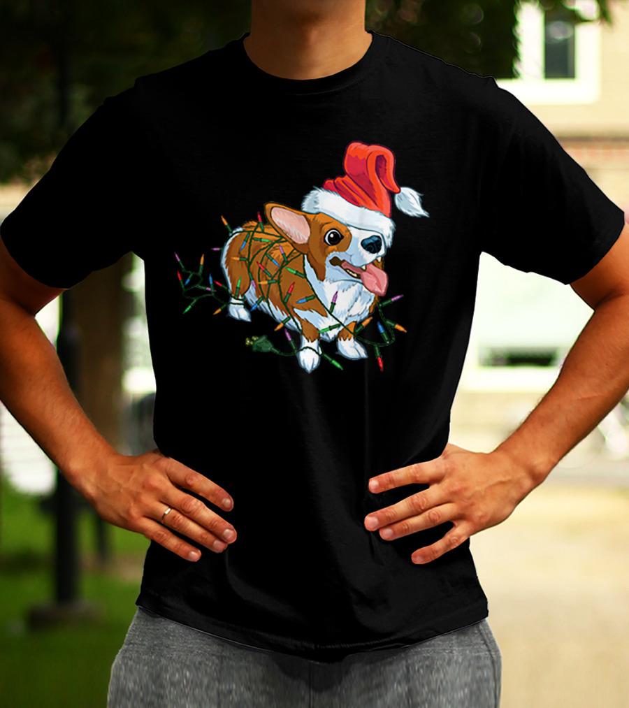 Corgi Christmas Lights Santa Hat T-Shirt