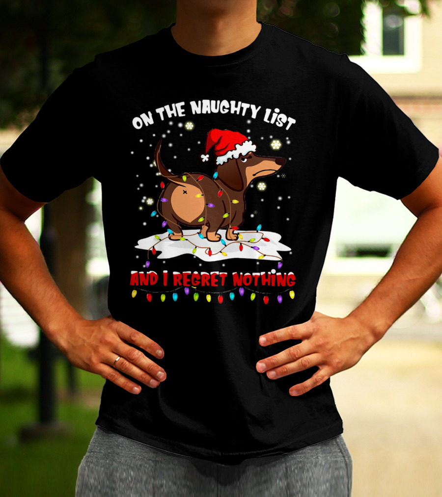 Dachshund Wearing Santa Hat On The Naughty List And I Regret Nothing With Christmas Lights T-Shirt