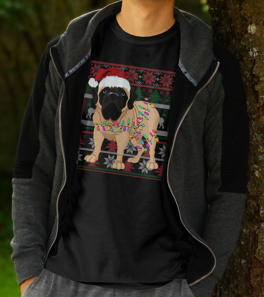 Santa Hat English Mastiff With Christmas Lights And Festive T-Shirt