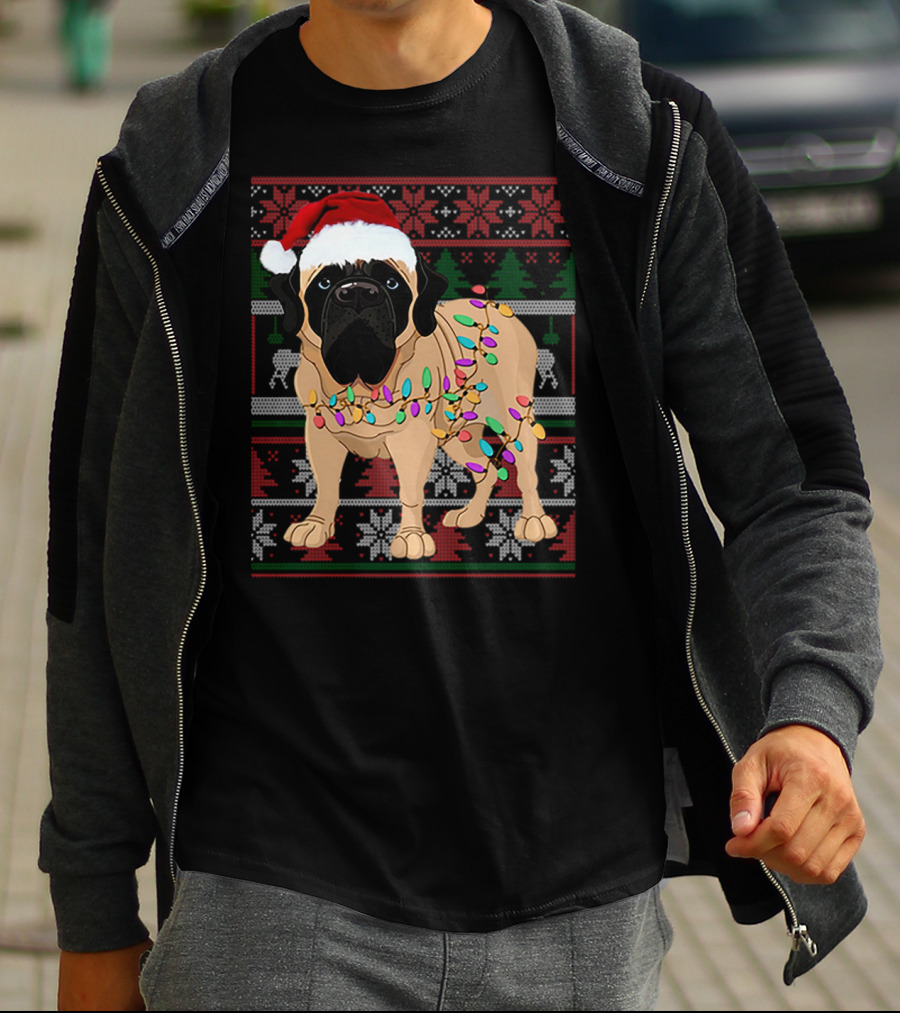 Santa Hat English Mastiff With Christmas Lights And Festive T-Shirt