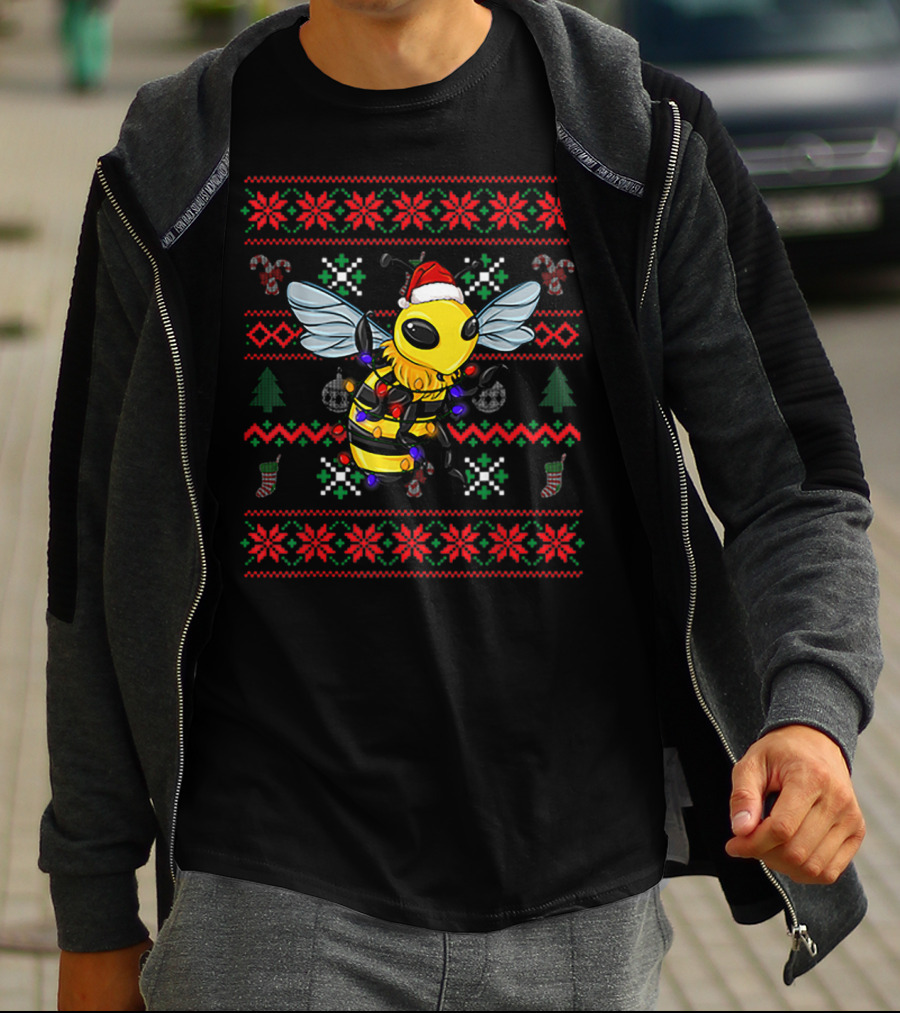 Bee Wearing Santa Hat With Christmas T-Shirt