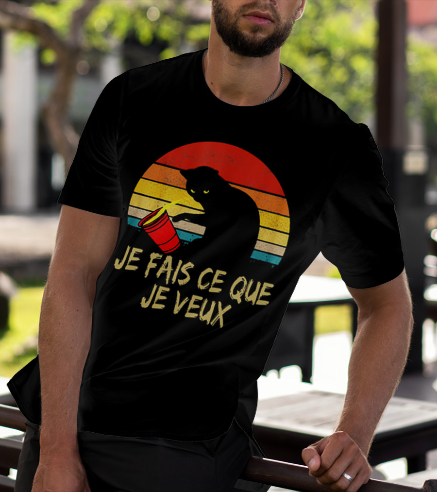 Black Cat Je Fais Ce Que Je Veux Retro Sunset Silhouette 80s T-Shirt